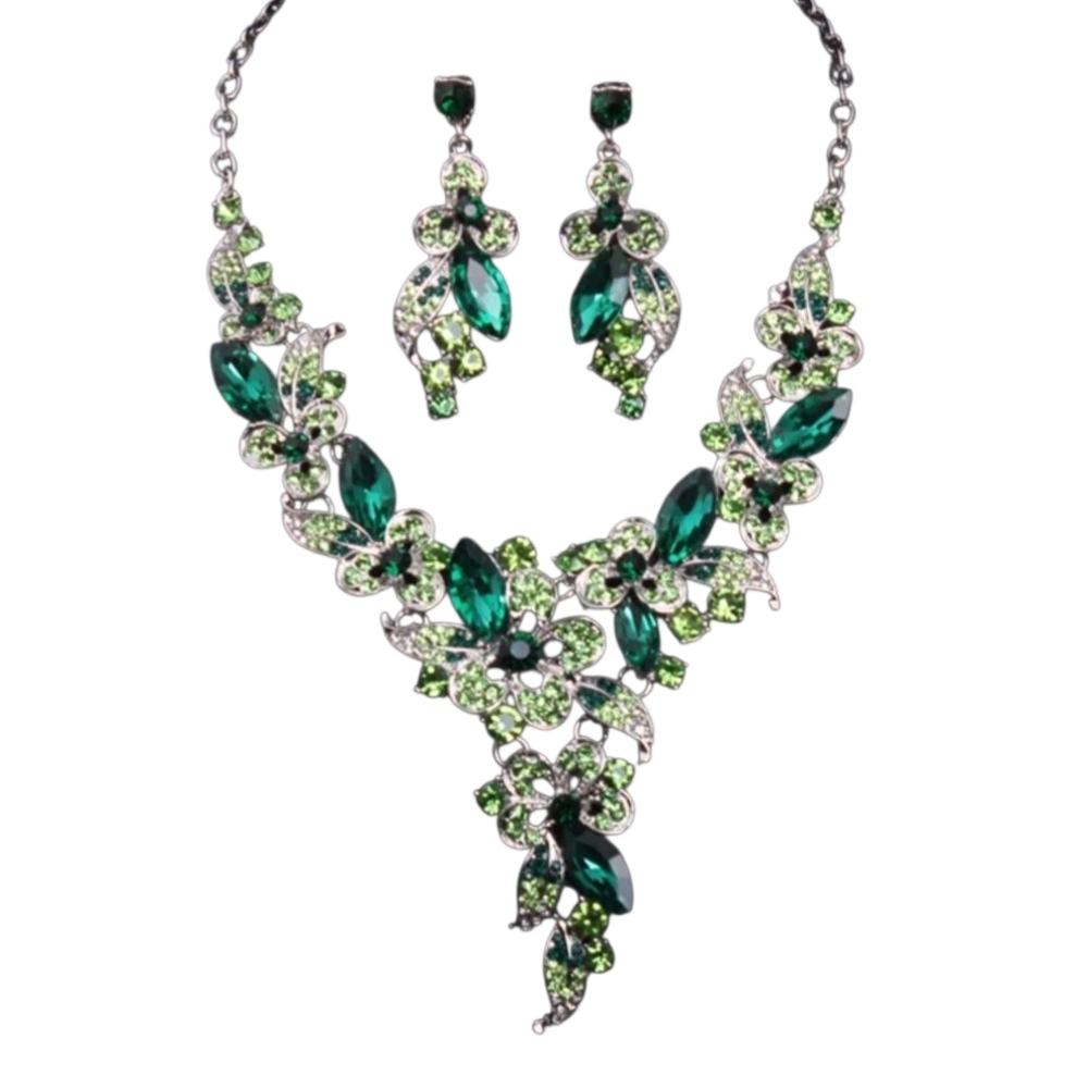 Emerald Green Rhinestone Floral Necklace and Earrings Set - Picture 7 of 13